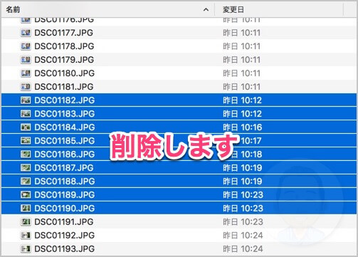 さて、この写真データをまとめて「９件削除」します。