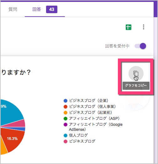 回答結果のグラフが表示された状態で、回答結果のグラフ内の右上《グラフをコピー》アイコンをクリックします。