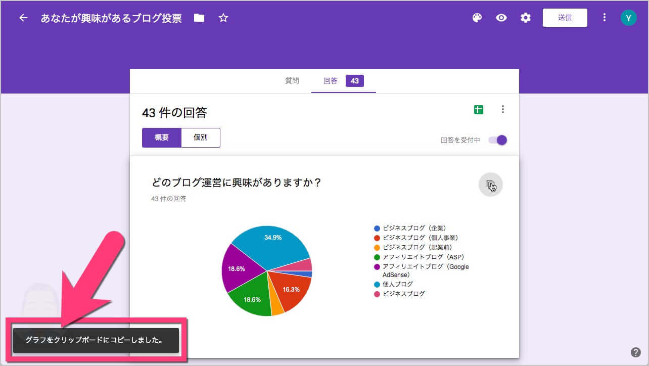 画面左下に「グラフをクリップボードにコピーしました。」と表示されたらグラフをコピーできています。