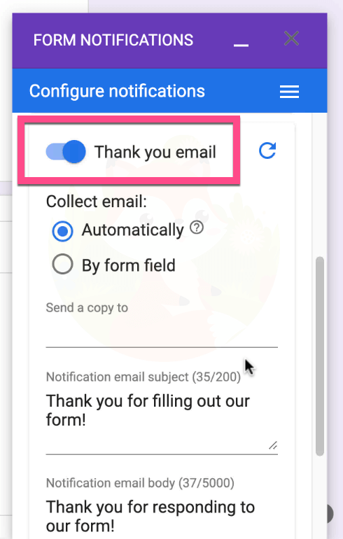 自動返信のみを利用するので《Thank you email》をオン