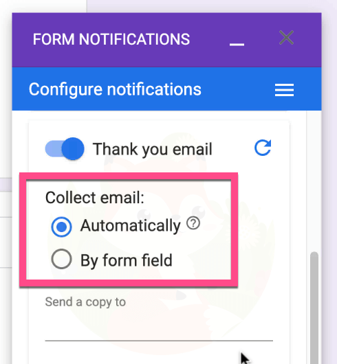 Automatically：Googleフォームの設定で「メールアドレスを収集する」をオンにします。 By form field：記述式でメールアドレスを収集する場合に設定