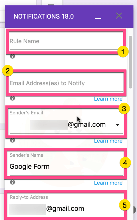 右下に「Email Notifications for Google Forms」の設定画面が表示