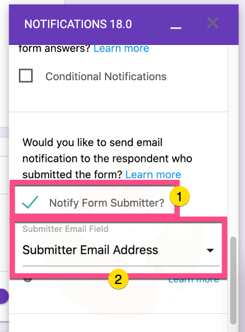 少し下にスクロールして《Notify Form Submitter?》にチェックをします。 「Submitter Email Field」を《Submitter Email Address》を選択
