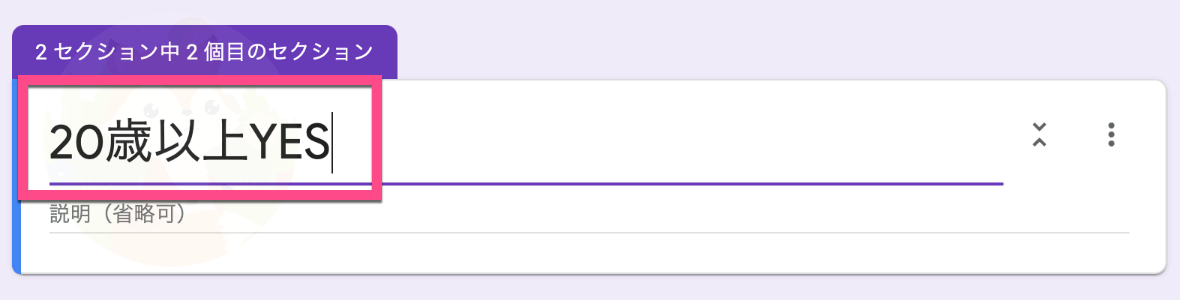 セクションの名前を記入します。ここではわかりやすいように「20歳以上YES」と記入