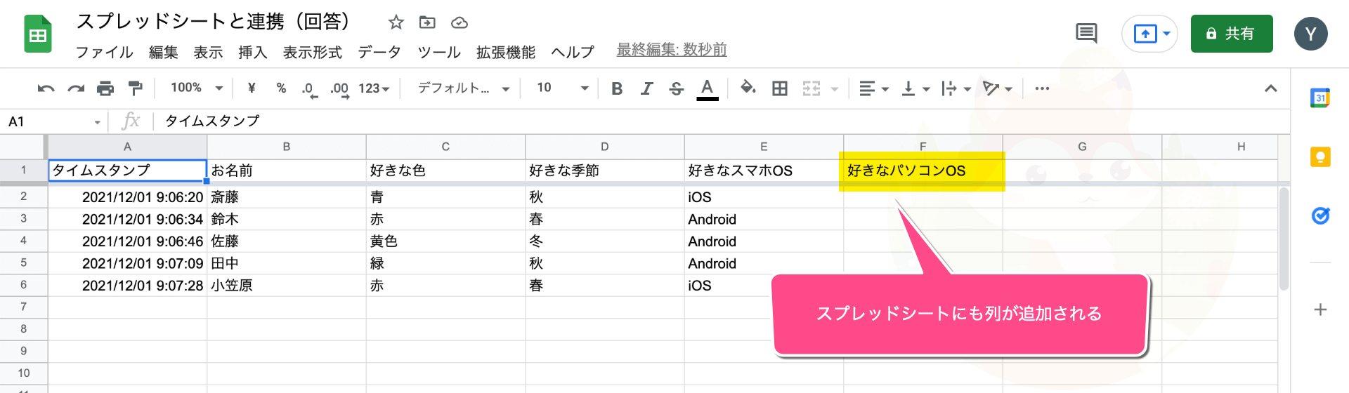 スプレッドシートにも設問が追加されます。