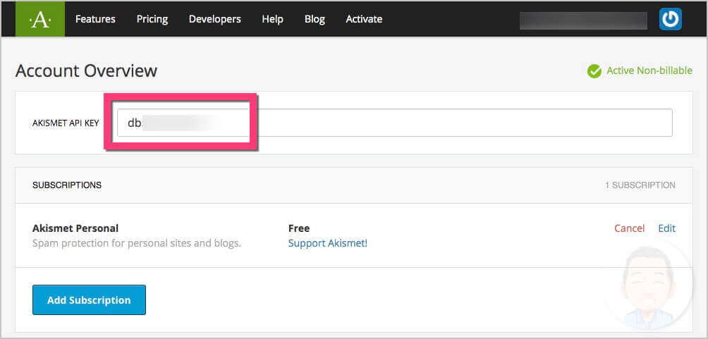 画面が変わったら「AKISMET API KEY」が表示されるのでコピーします。