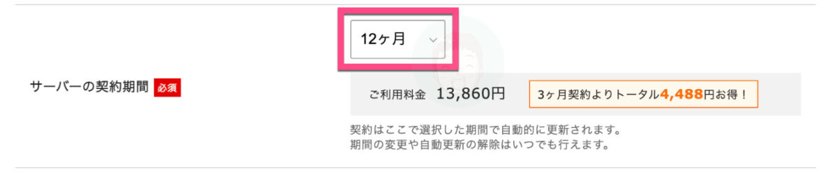 サーバーの契約期間を選択します。オススメは4,488円お得な12ヶ月です。